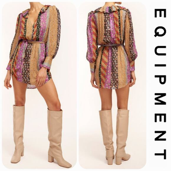 Equipment Ella Silk Blouson Mini Dress S Boho Patchwork Old Money Resortwear - Picture 1 of 14